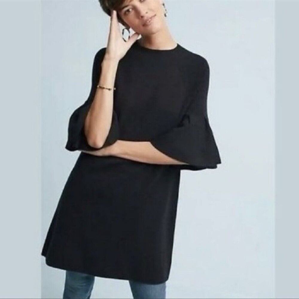 MOTH Anthropologie Bell Sleeve Knit Tunic Sweater Dress Black Med Retro Mod